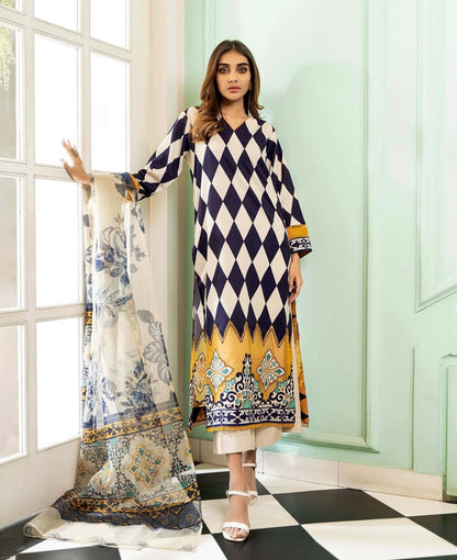 Noura Printed Long Shirt & Trouser Set for Women 906