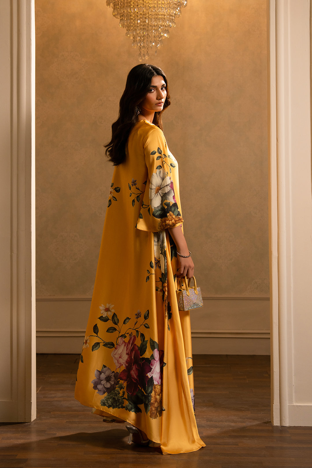 Noura Elegant Long Printed 2PC Set in Moss Crepe 966