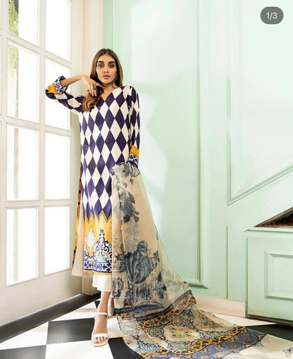 Noura Printed Long Shirt & Trouser Set for Women 906