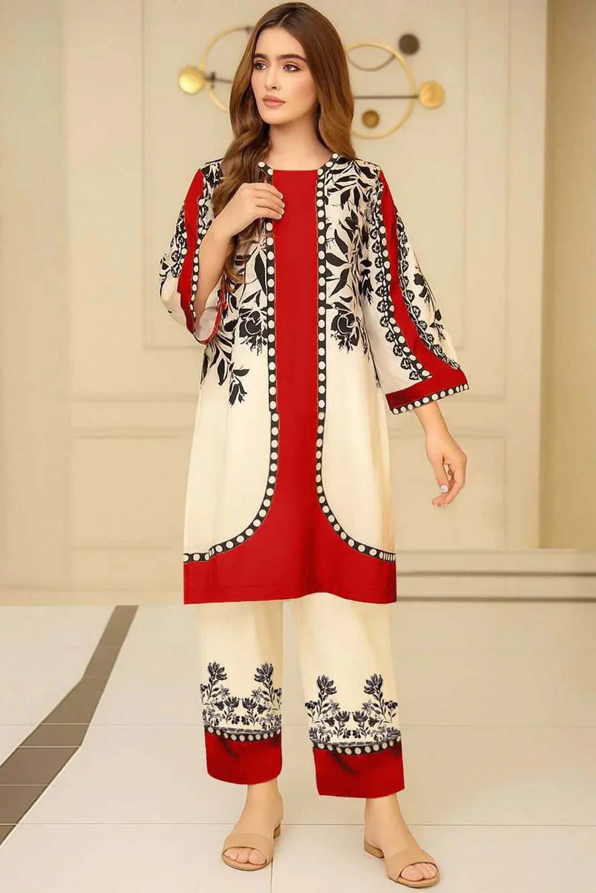 Noura Printed Shirt & Trouser Set in Moss Crepe 942