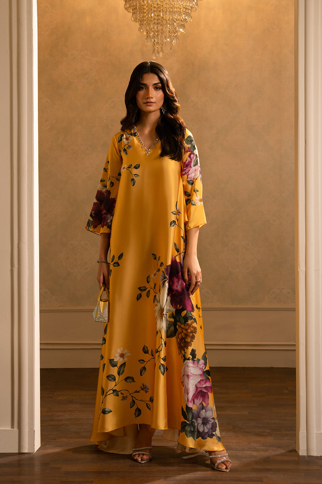 Noura Elegant Long Printed 2PC Set in Moss Crepe 966