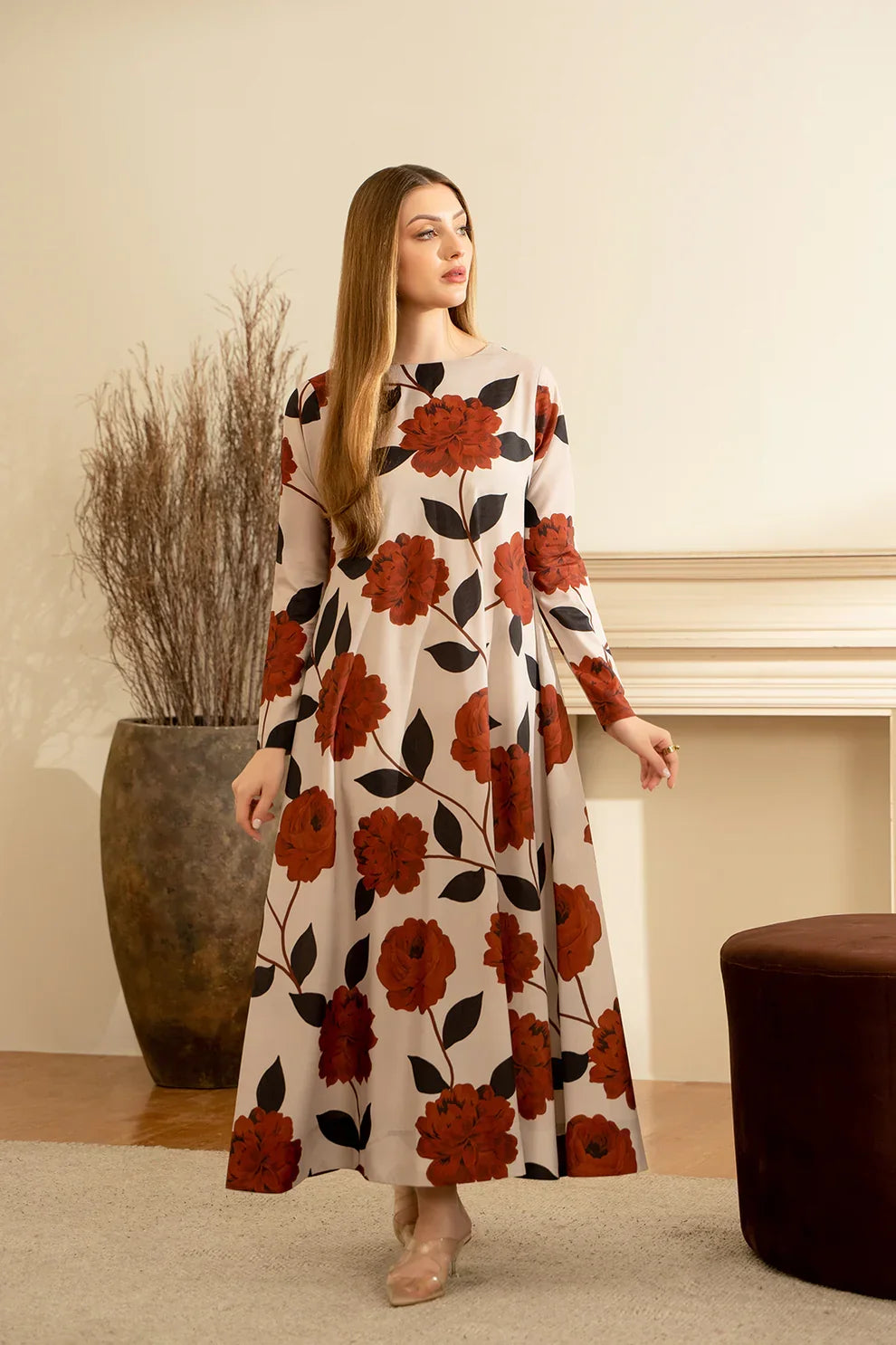 Noura Rust & Black Printed Maxi Dress for Women 912